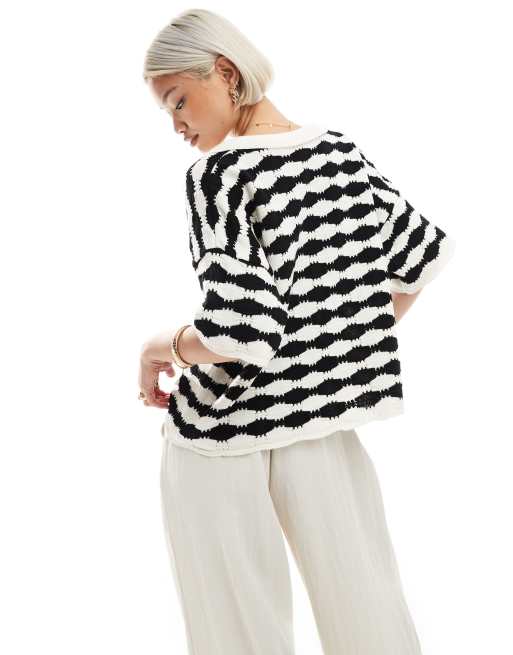ASOS DESIGN knit stitch relaxed polo top in black and white stripe, 4 of 4