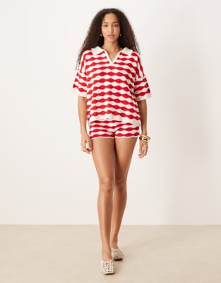 ASOS DESIGN knit stitch relaxed polo top in red and white stripes - part of a set