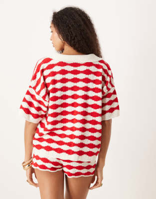 ASOS DESIGN knit stitch relaxed polo top in red and white stripes - part of a set