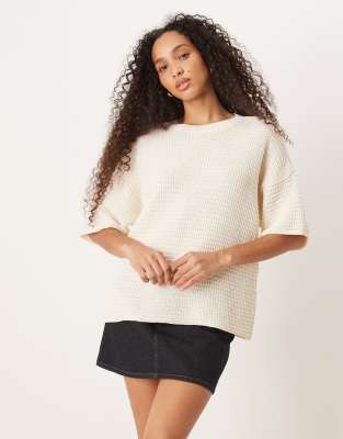 Asos Design Knit Stitch Relaxed T-shirt In Neutral