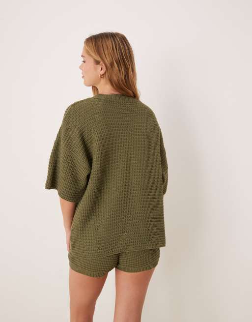 ASOS DESIGN knit stitch relaxed T-shirt in khaki - part of a set, 4 of 4