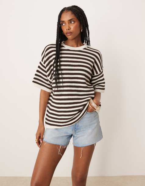ASOS DESIGN knit stitch relaxed t-shirt in stripes - view 1