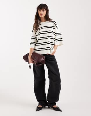 Asos Design Knit Stripe Compact Structured Oversized T-shirt In Neutral