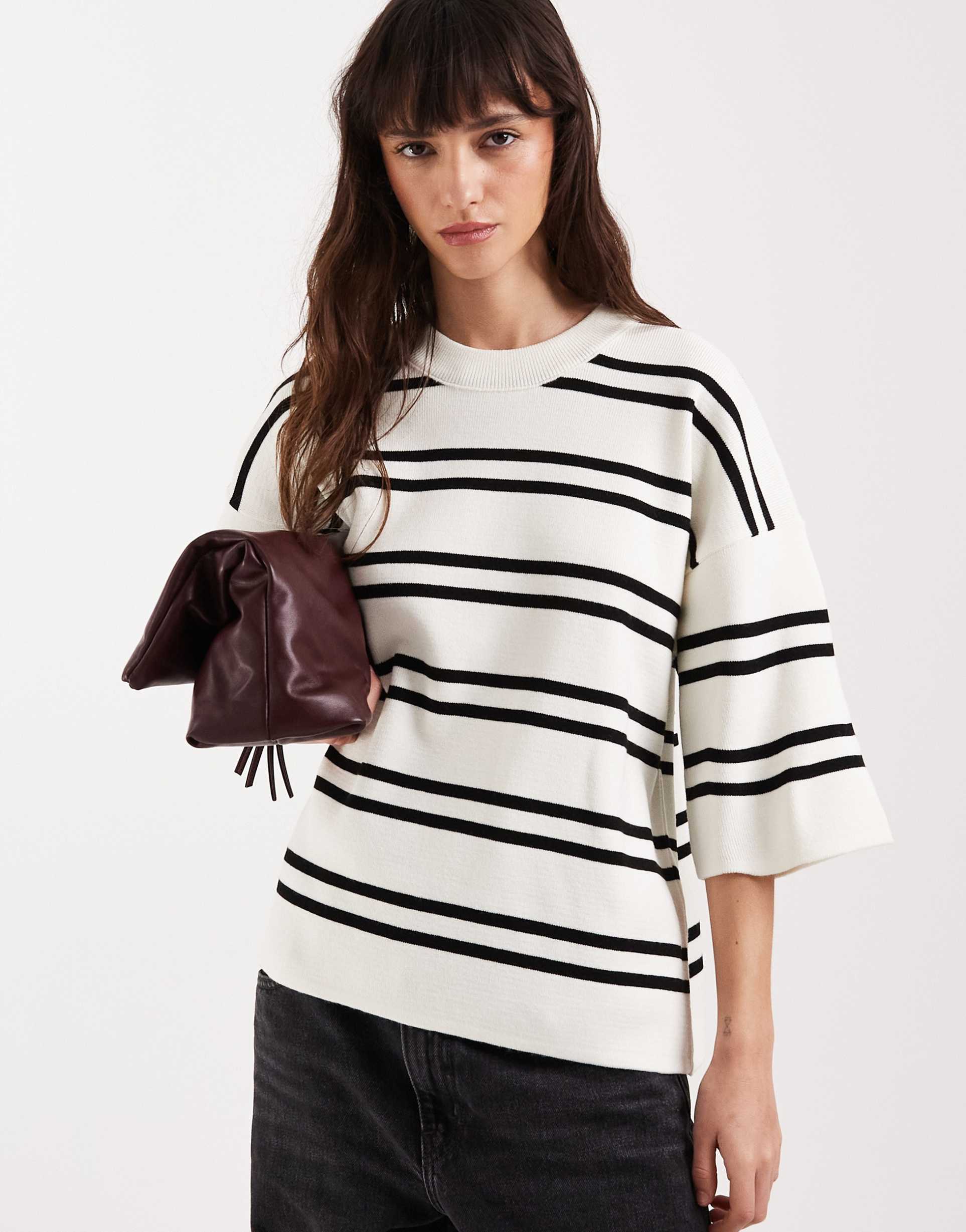 asos design knit stripe compact structured oversized t-shirt in white