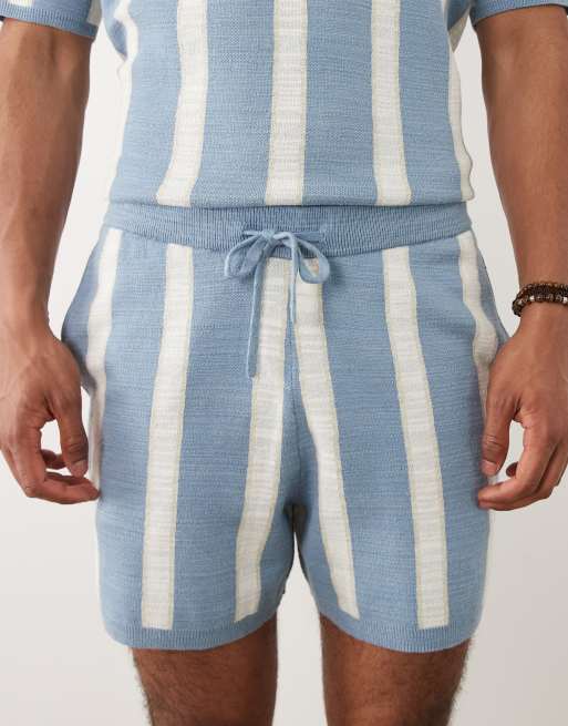 ASOS DESIGN knit stripe shorts in blue & ecru, 4 of 5