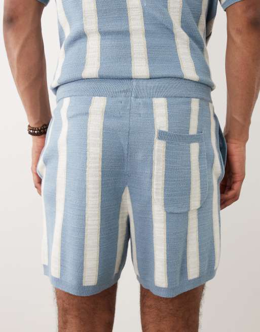 ASOS DESIGN knit stripe shorts in blue & ecru, 5 of 5