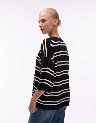 Asos Design Knit Striped Compact Structured Oversized T-shirt In Black