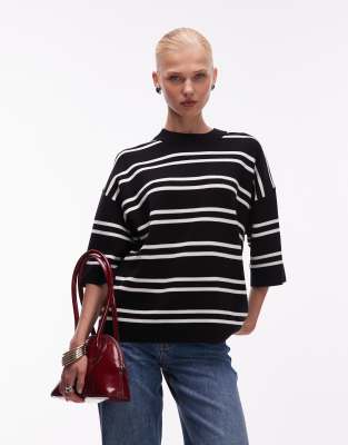Asos Design Knit Striped Compact Structured Oversized T-shirt In Black