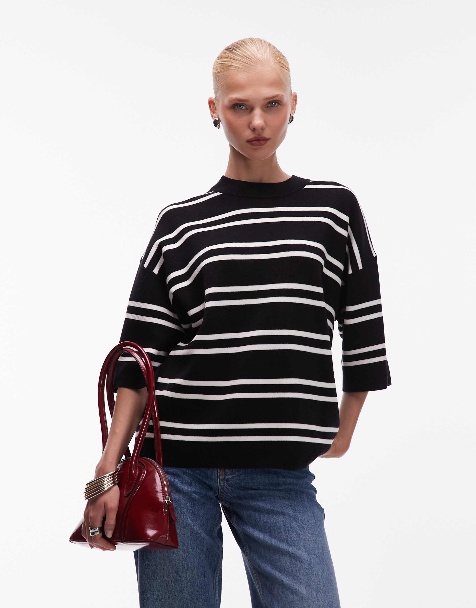 asos design knit striped compact structured oversized t-shirt in black
