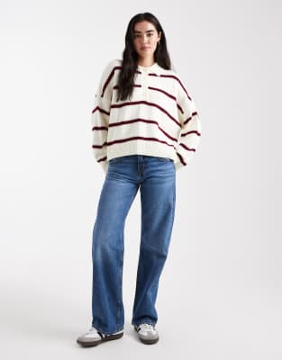 Asos Design Knit Striped Polo Shirt In White