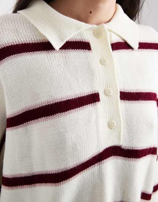 ASOS DESIGN knit striped polo shirt in white and pink, 3 of 4