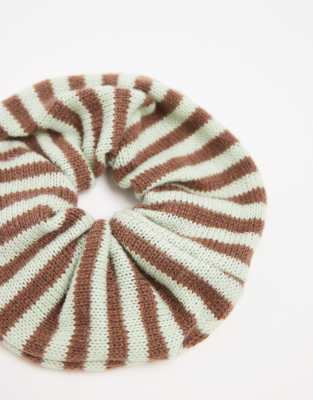 Asos Design Knit Striped Scrunchie In Brown