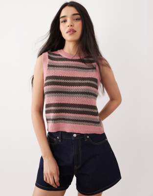Asos Design Knit Striped Tank Top In Pink