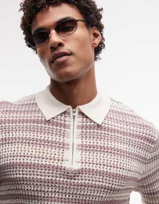 Asos Design Knit Striped Zip Up Polo In Multi