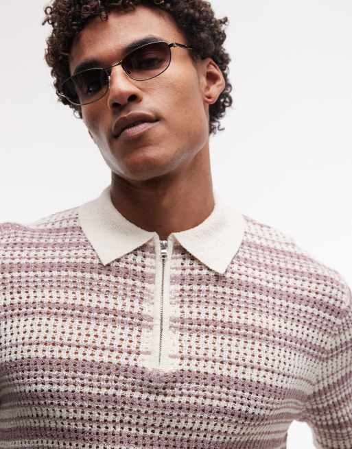 ASOS DESIGN knit striped zip up polo in ecru and purple, 4 of 5