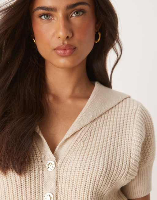 ASOS DESIGN knit structured collar short sleeve cardigan with gold buttons in cream