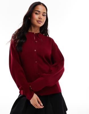 knit structured crew neck cardigan in burgundy