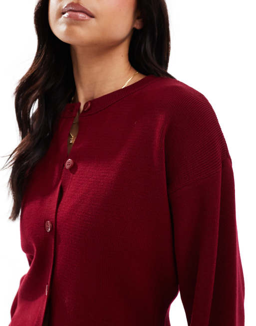 ASOS DESIGN knit structured crew neck cardigan in burgundy ASOS