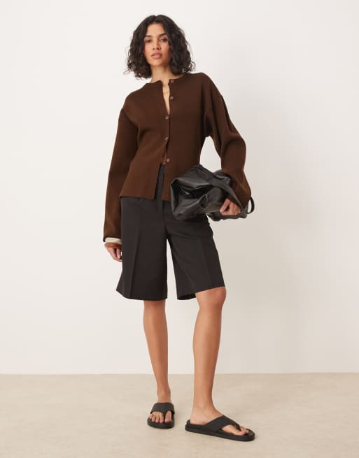 ASOS DESIGN knit structured crew neck cardigan in chocolate, 3 of 4