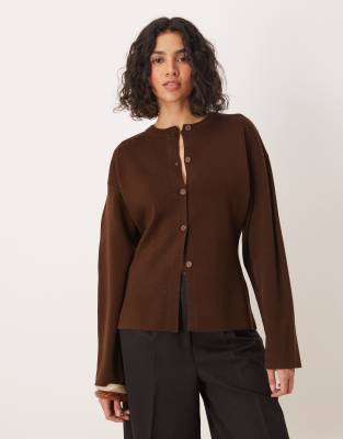 Asos Design Knit Structured Crew Neck Cardigan In Brown
