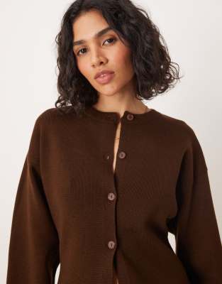 Asos Design Knit Structured Crew Neck Cardigan In Brown