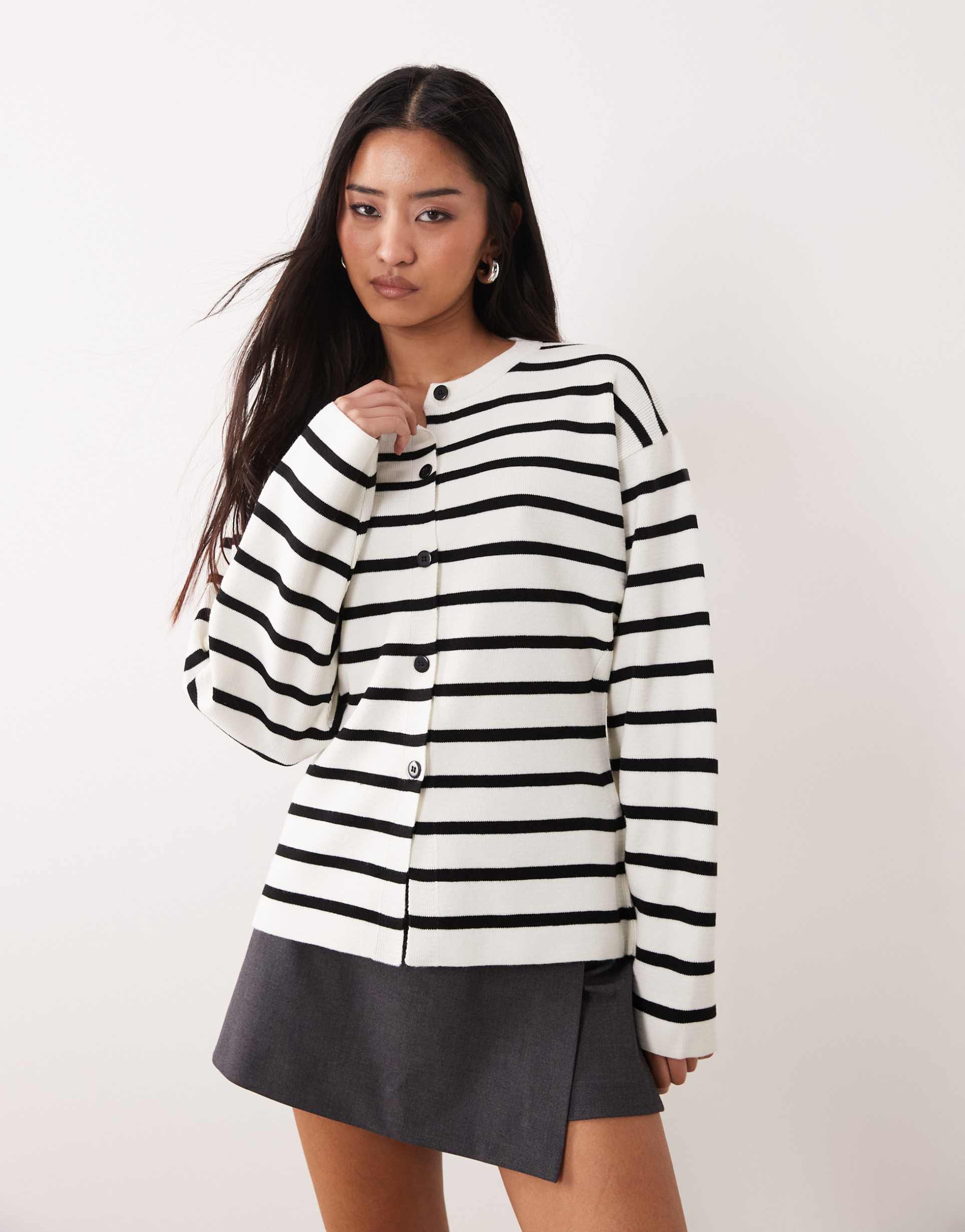 asos design knit structured crew neck cardigan in mono stripe