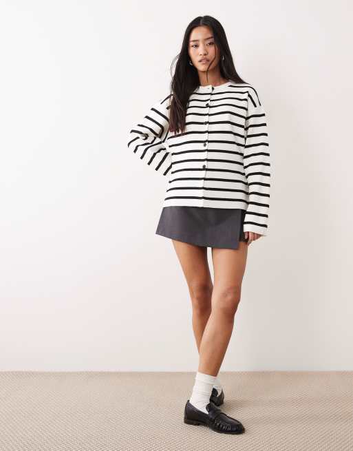 ASOS DESIGN knit structured crew neck cardigan in mono stripe, 2 of 4