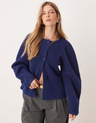 knit structured crew neck cardigan in navy-Brown