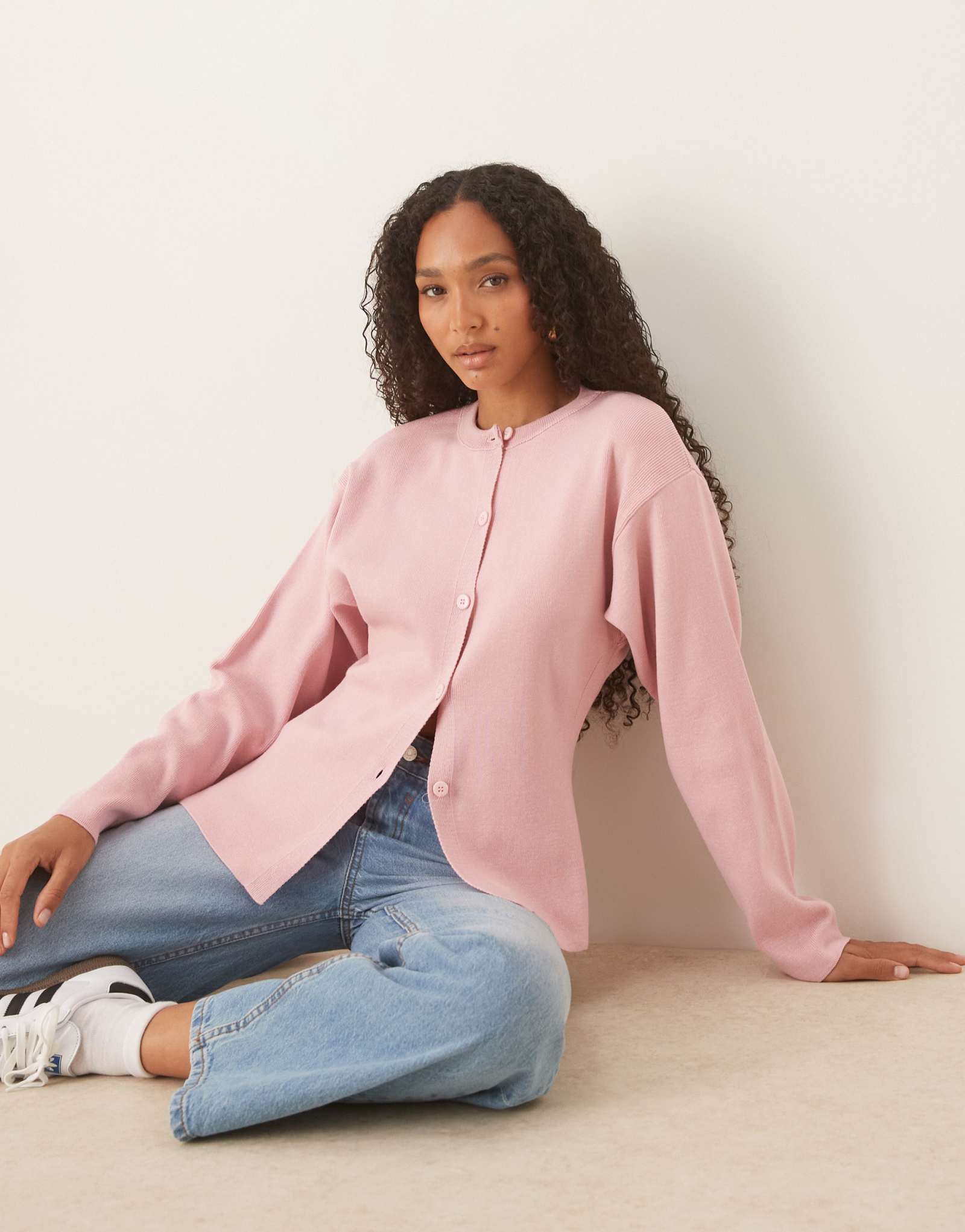 Вязаный кардиган ASOS DESIGN с округлым вырезом горловины розового цвета