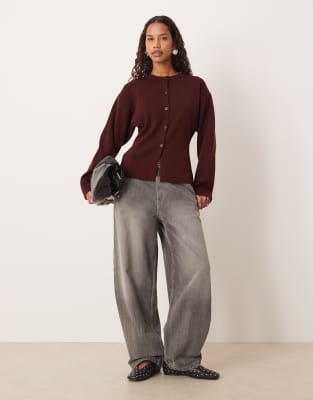 Asos Design Knit Structured Crew Neck Cardigan In Burgundy
