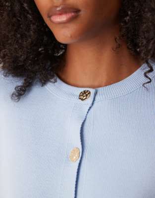 Asos Design Knit Structured Crew Neck Cardigan With Gold Buttons In Blue