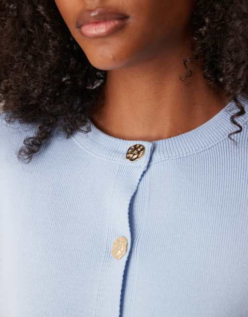 ASOS DESIGN knit structured crew neck cardigan with gold buttons in blue