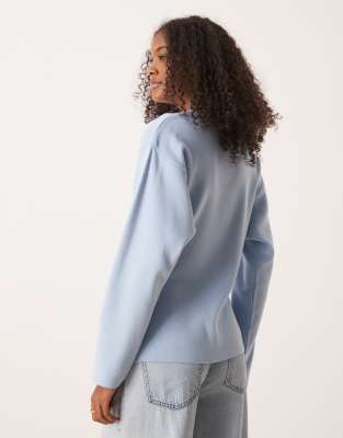 ASOS DESIGN knit structured crew neck cardigan with gold buttons in blue