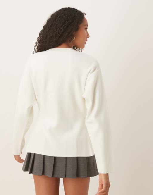 ASOS DESIGN knitted structured crew neck cardigan with gold buttons in cream