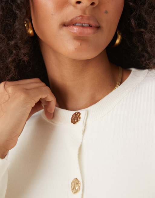 ASOS DESIGN knitted structured crew neck cardigan with gold buttons in cream