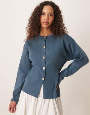 knit structured crew neck cardigan with gold buttons in petrol blue