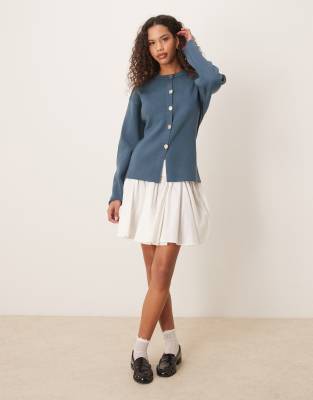Asos Design Knit Structured Crew Neck Cardigan With Gold Buttons In Blue