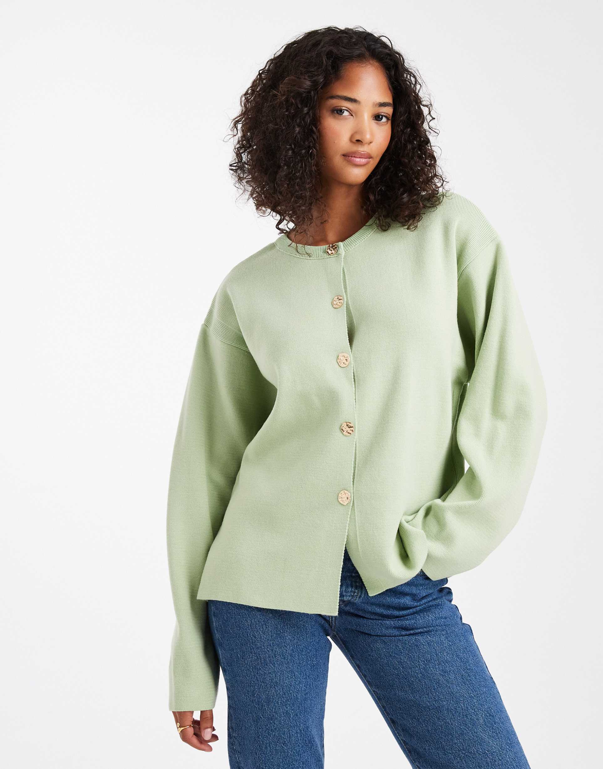asos design knit structured crew neck cardigan with gold buttons in sage green