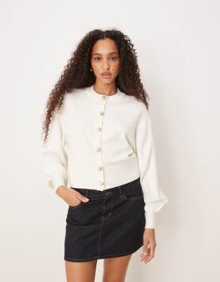Asos Design Knit Structured Crew Neck Cardigan With Gold Shell Buttons In White