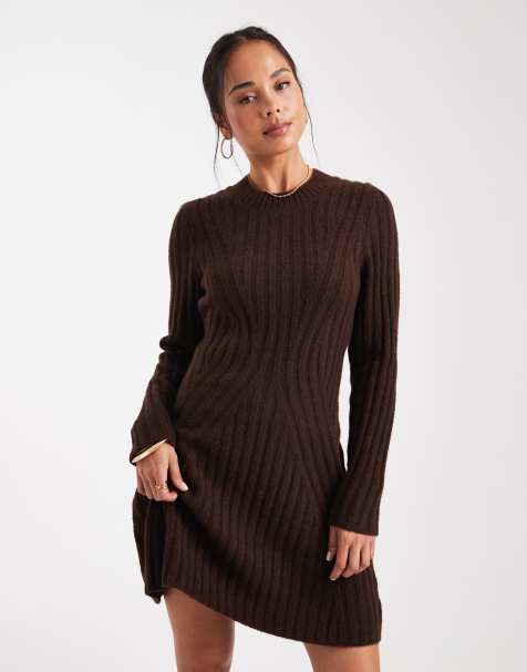 ASOS DESIGN knit structured mini dress in chocolate - view 1
