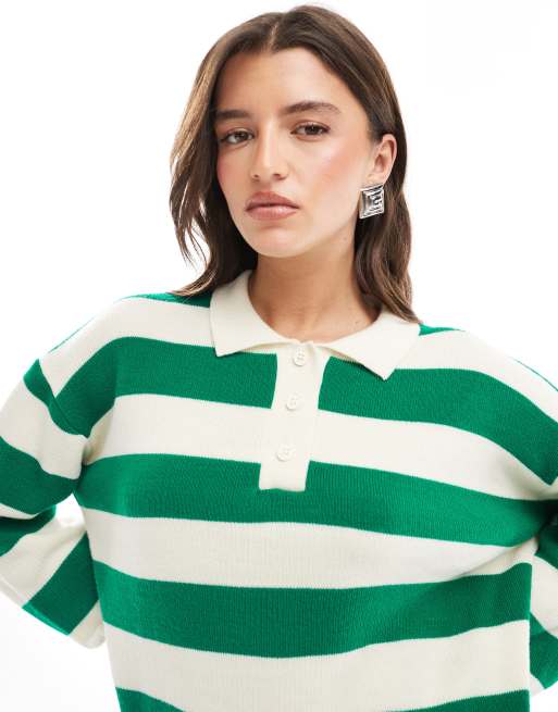 ASOS DESIGN knit structured polo shirt in green stripe