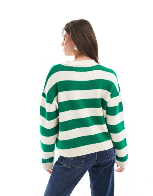 ASOS DESIGN knit structured polo shirt in green stripe