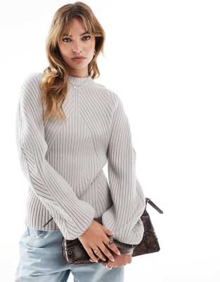 Asos Design Knit Structured Sweater With Volume Sleeve In Rib In Gray