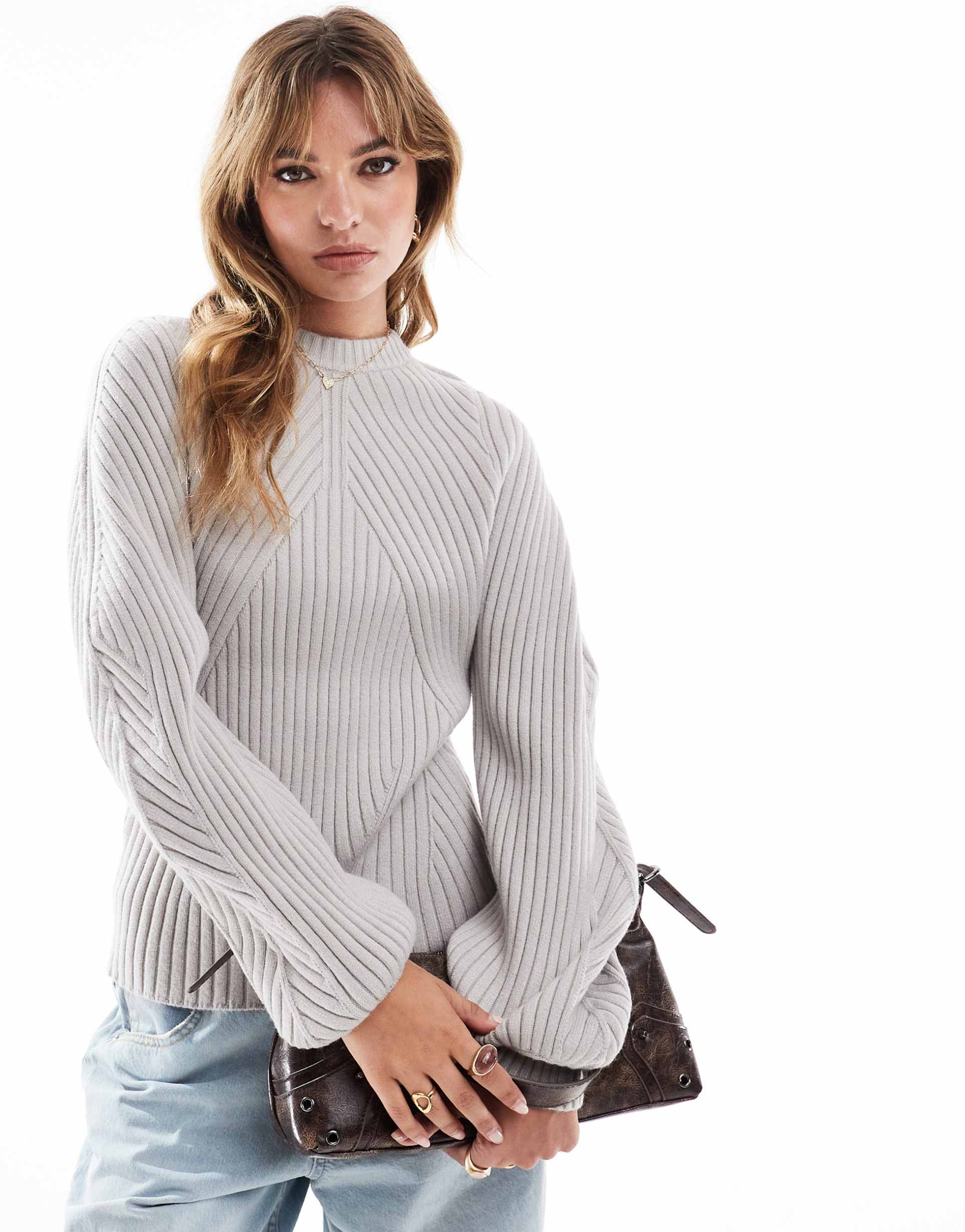 asos design knit structured sweater with volume sleeve in rib in gray