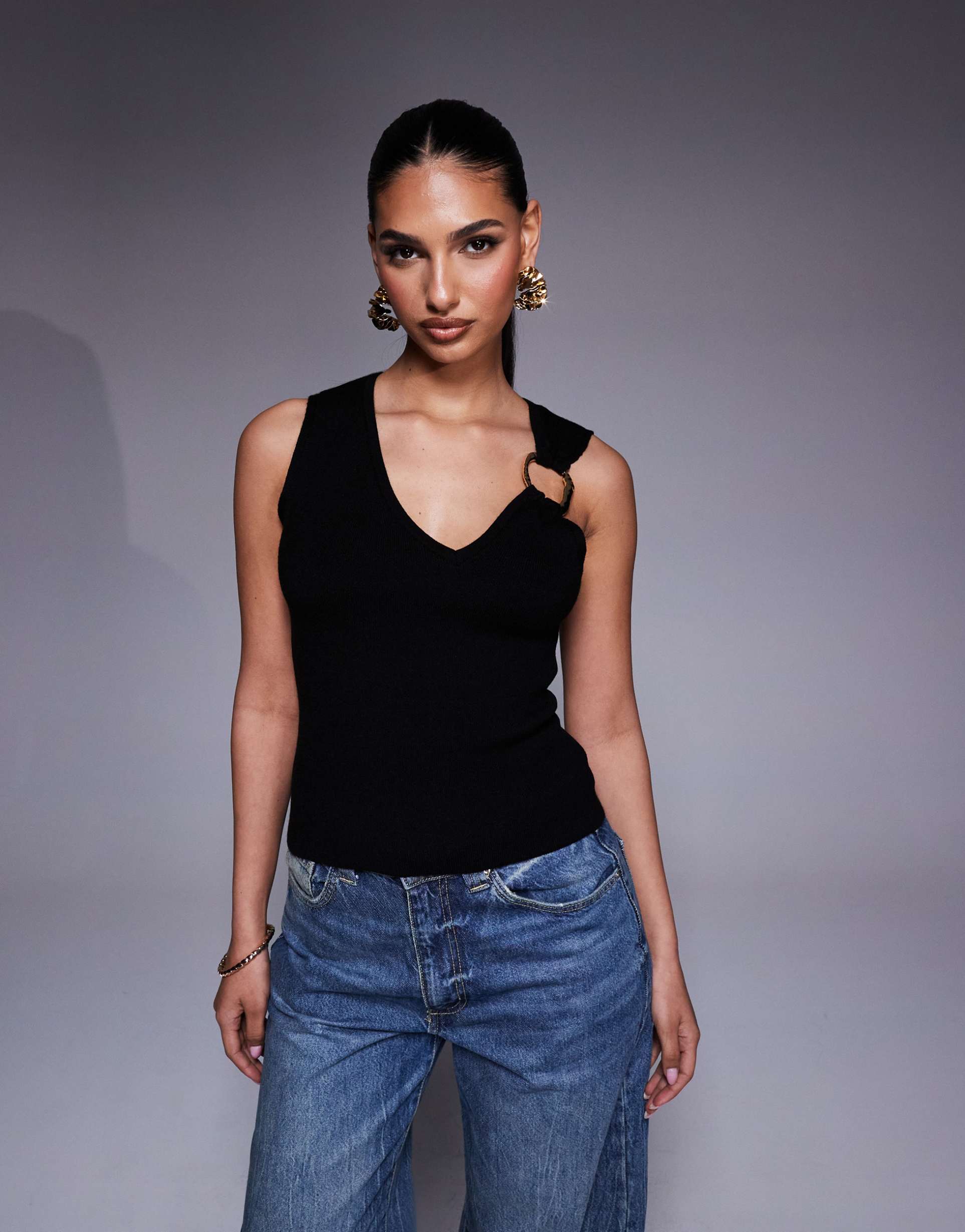 asos design knit structured top with gold metal ring detail in black