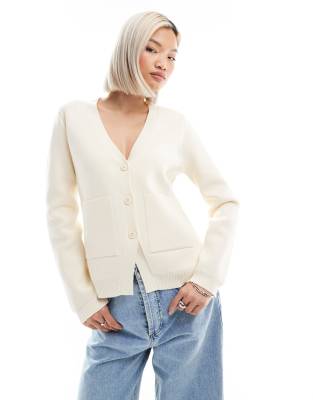 knit structured v neck cardigan with seam detail in cream-White