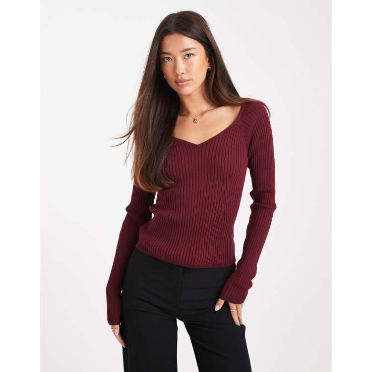 ASOS DESIGN knit structured v-neck top in burgundy | ASOS