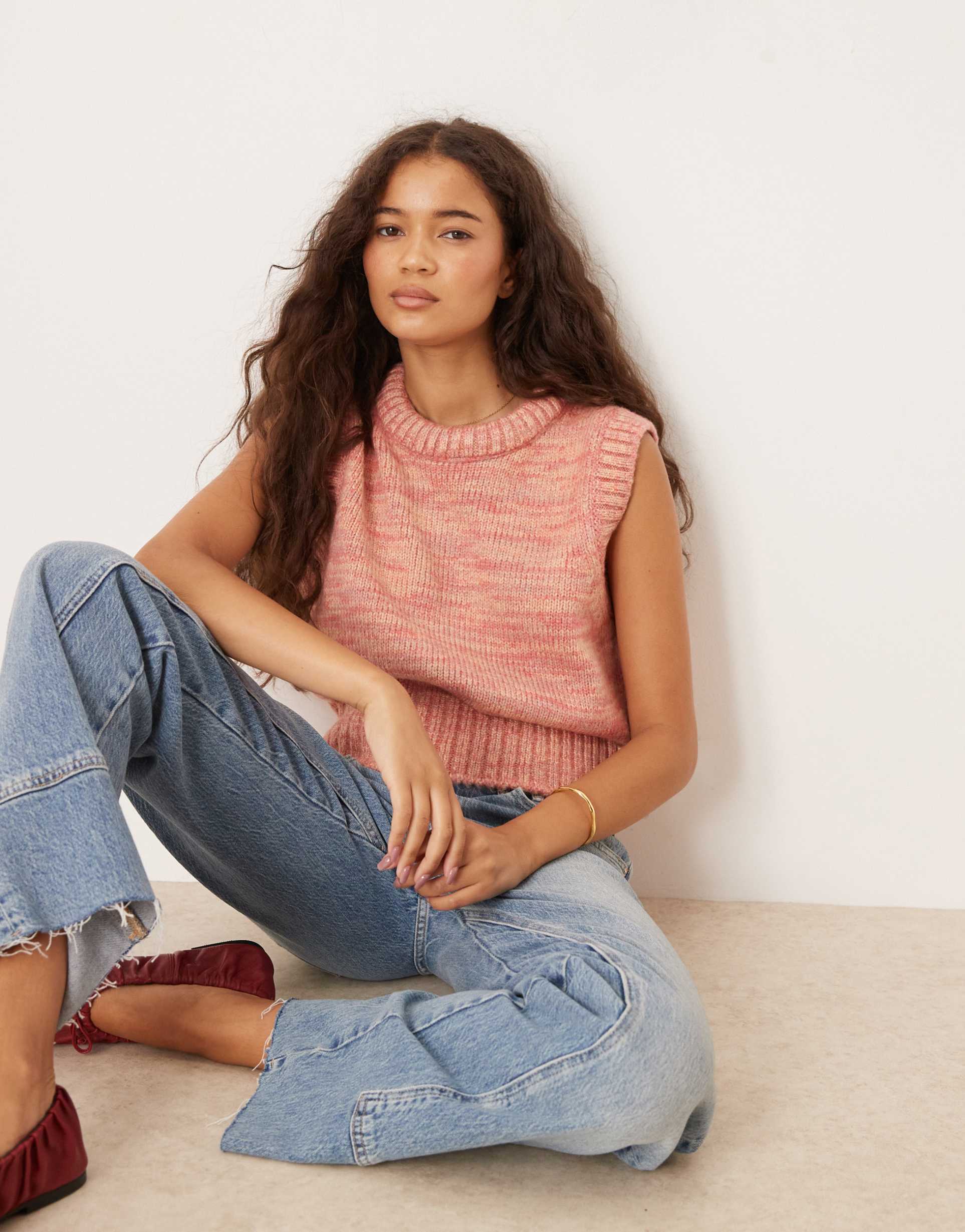 asos design knit stuffed neckline tank top in peach multiply