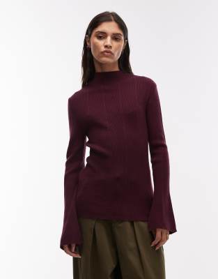 Asos Design Knit Supersoft Top With Flared Sleeve In Burgundy