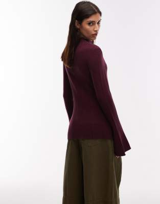 Asos Design Knit Supersoft Top With Flared Sleeve In Burgundy
